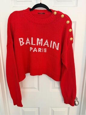 Balmain Red Crewneck Sweater with Gold Shoulder Buttons